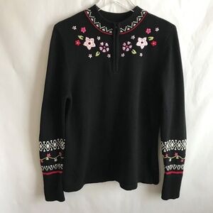 Hannah Anderson Floral Embroidered Nordic Sweater M Black Cotton Quarter Zip Y2K